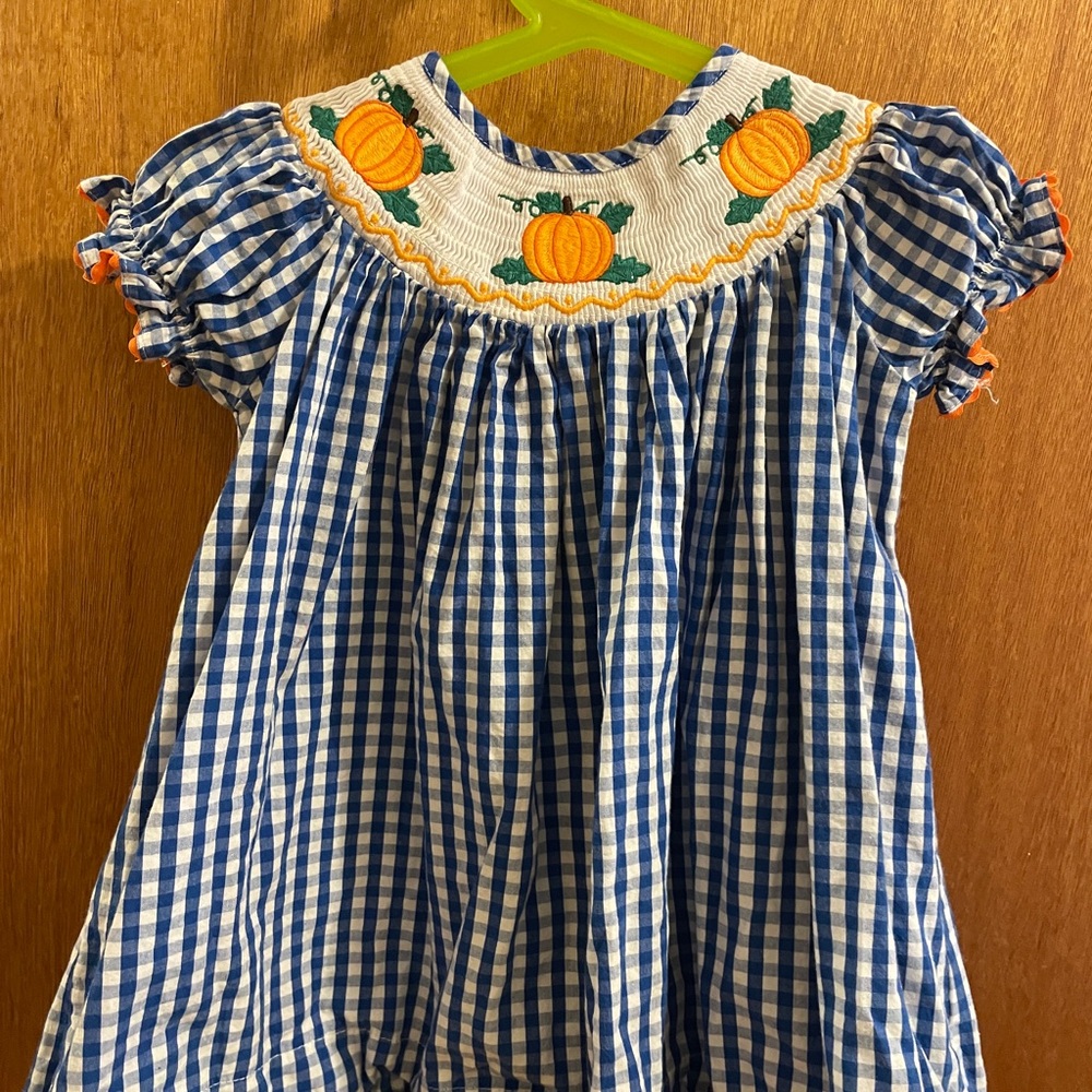 Lil Cactus Blue and White Smocked Gingham Pumpkin Dress